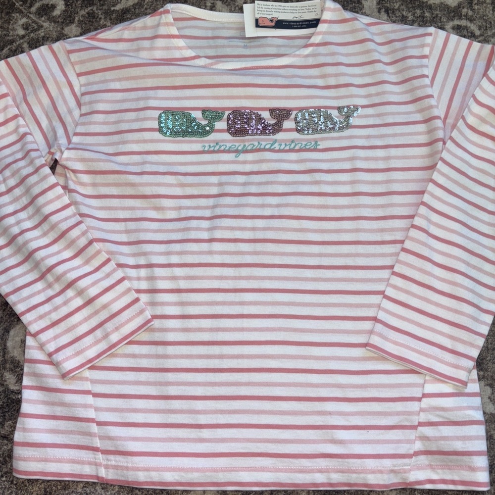 Vineyard Vines Girls 10 12 Striped Sequin Long Sleeve T-shirt Whale White Pink